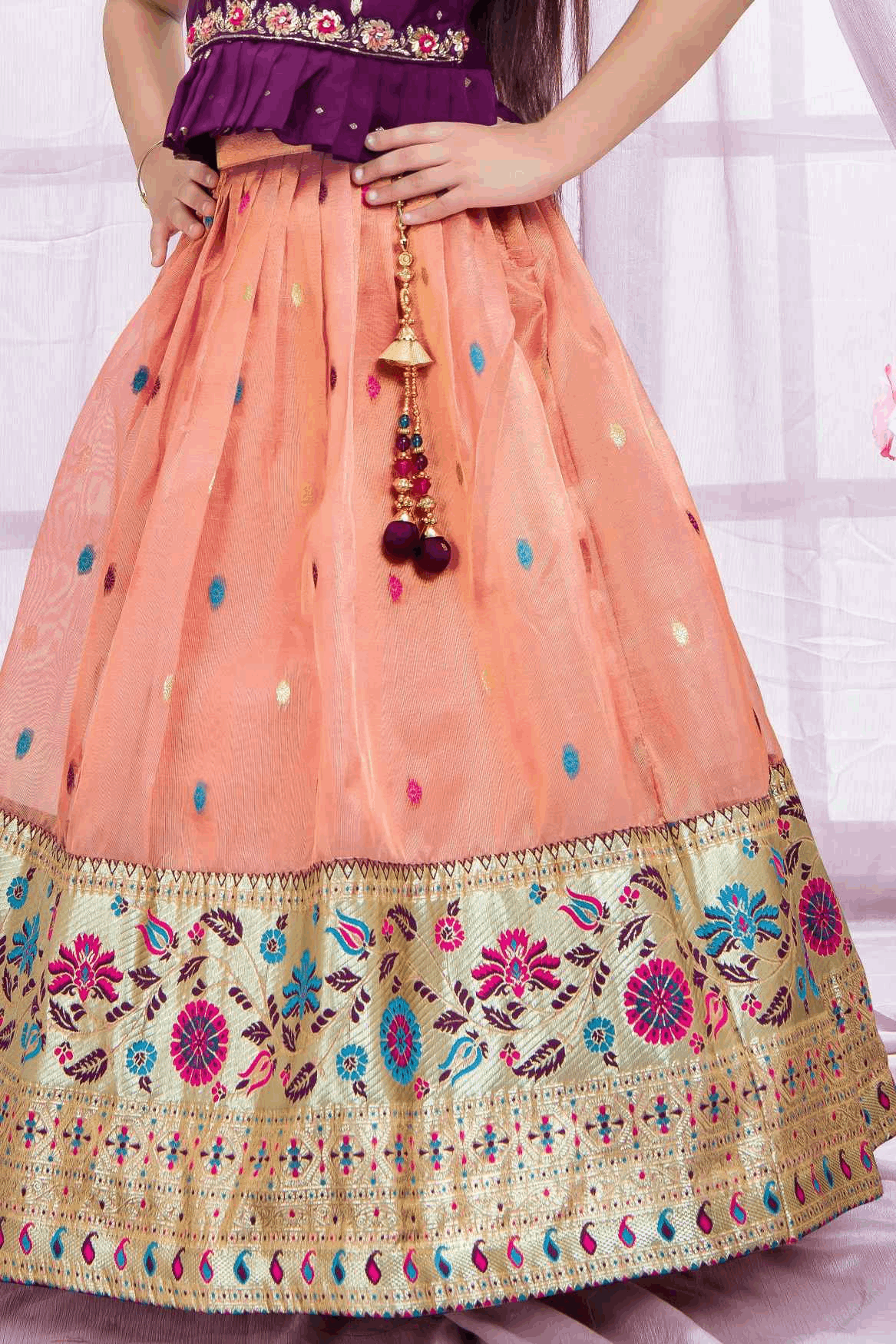Wine Purple & Peach Kids Lehenga Choli with Golden Embroidery