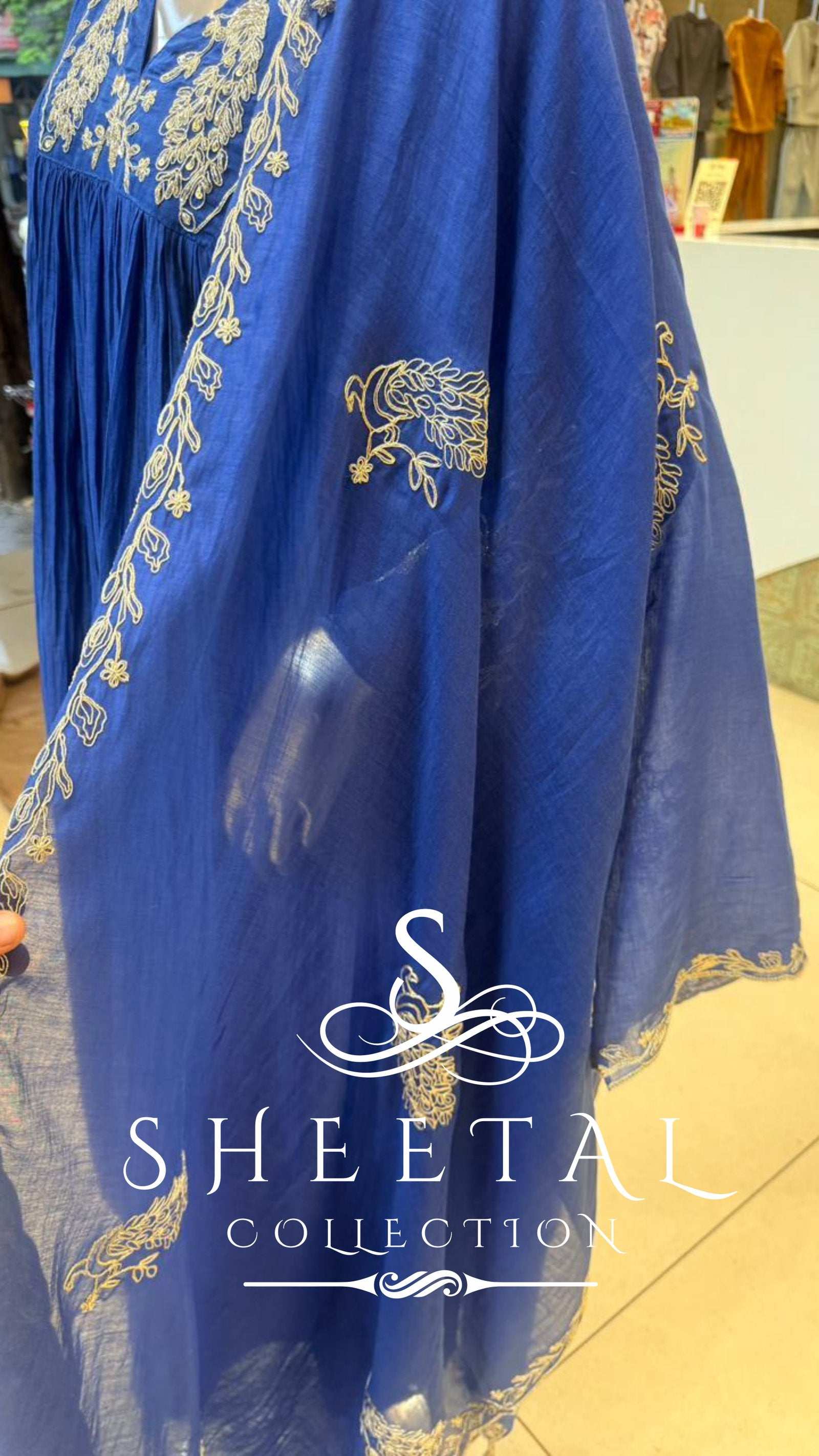 Royal Blue Mul chanderi Embroidered Kurta Set