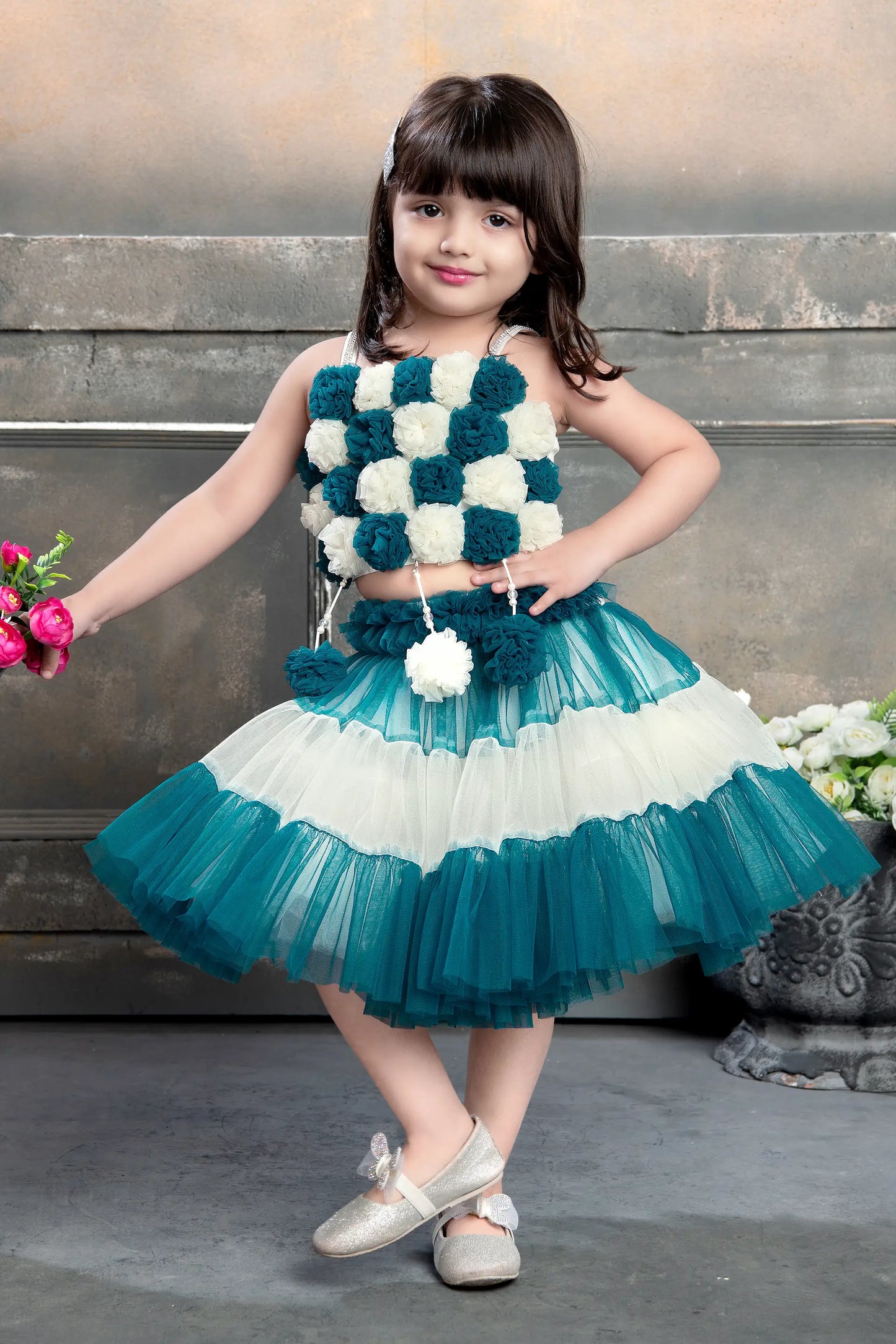 off white and teal blue skirt top