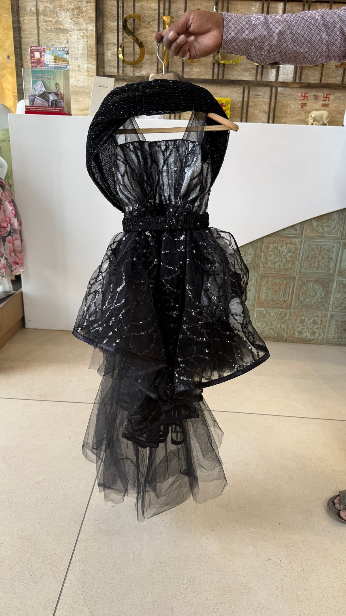 Black Up and Down Frock With 3D Flowers