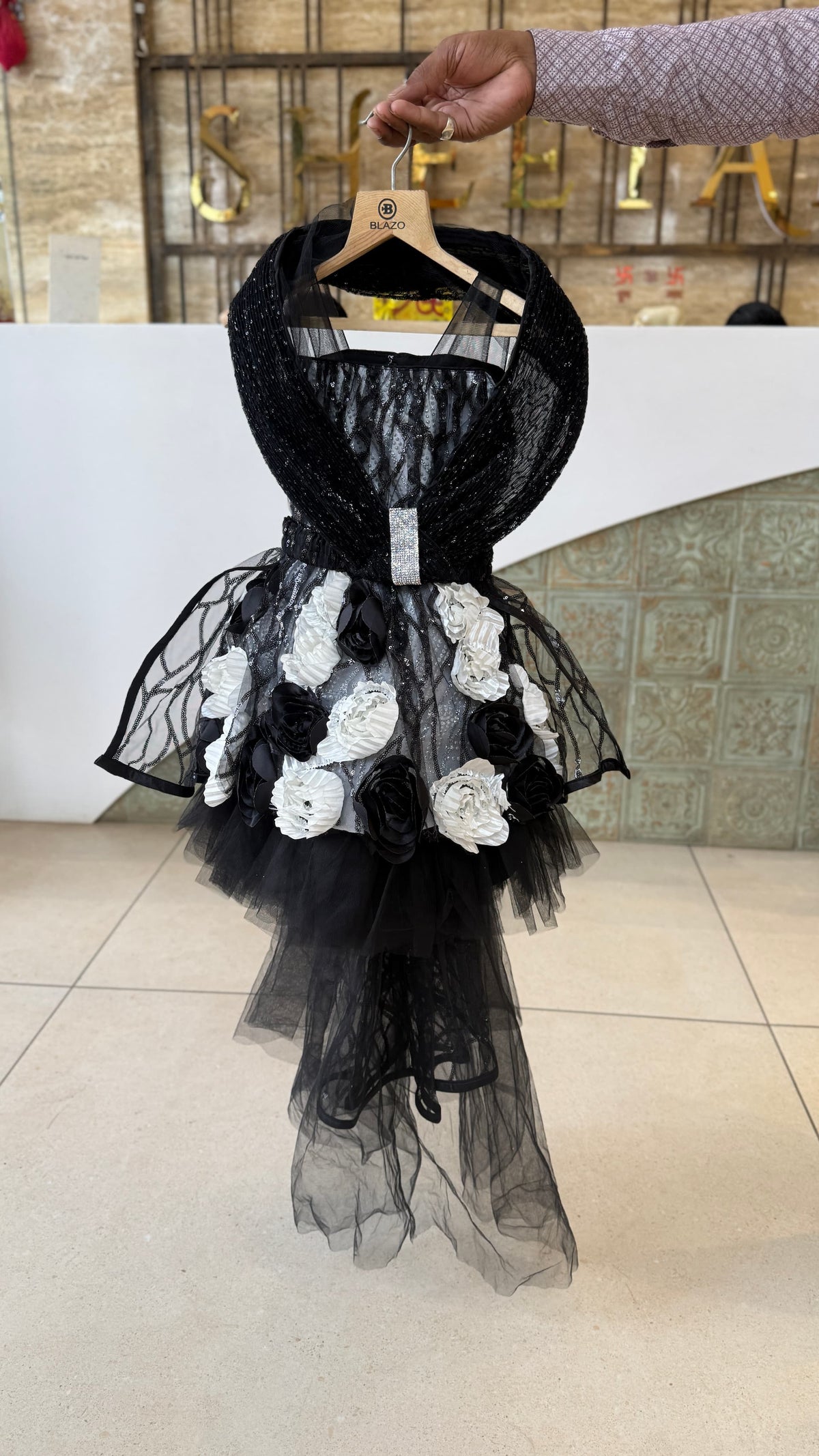 Black Up and Down Frock With 3D Flowers
