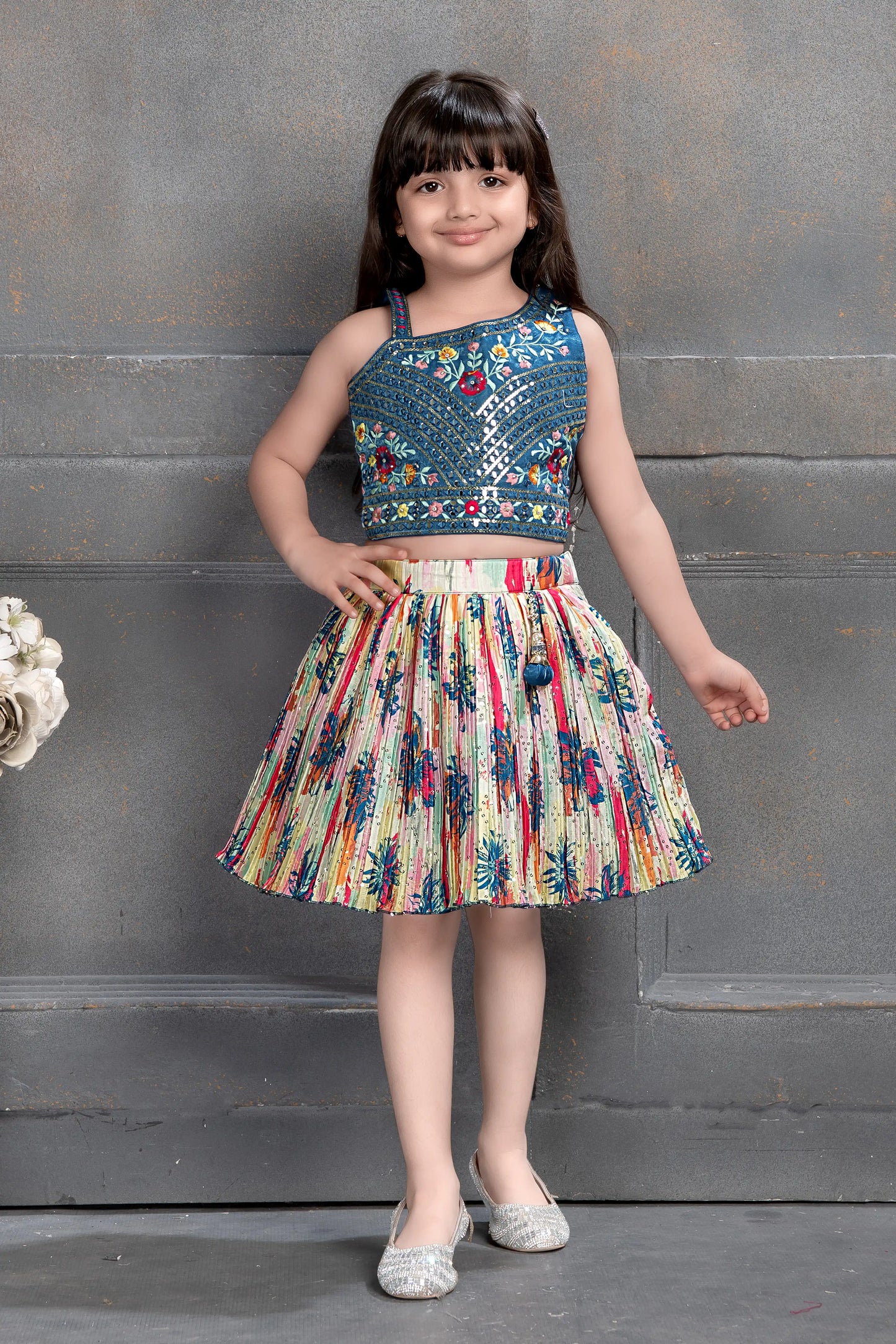 Teal Blue Embroidered Crop Top and Multicolor Striped Pleated Skirt Lehenga Set for Girls