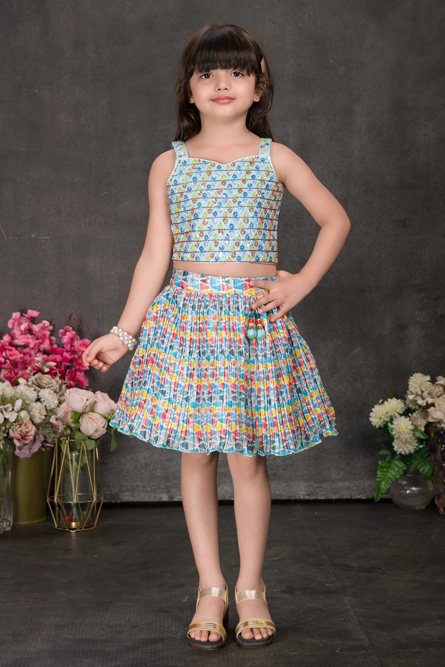 Multicolor Floral Two-Piece Crop Top and Pleated Skirt Set with Vibrant Print for Girls