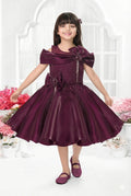 Wine Off-Shoulder Party Dress with Dramatic Bow and Rhinestone Bodice for Girls