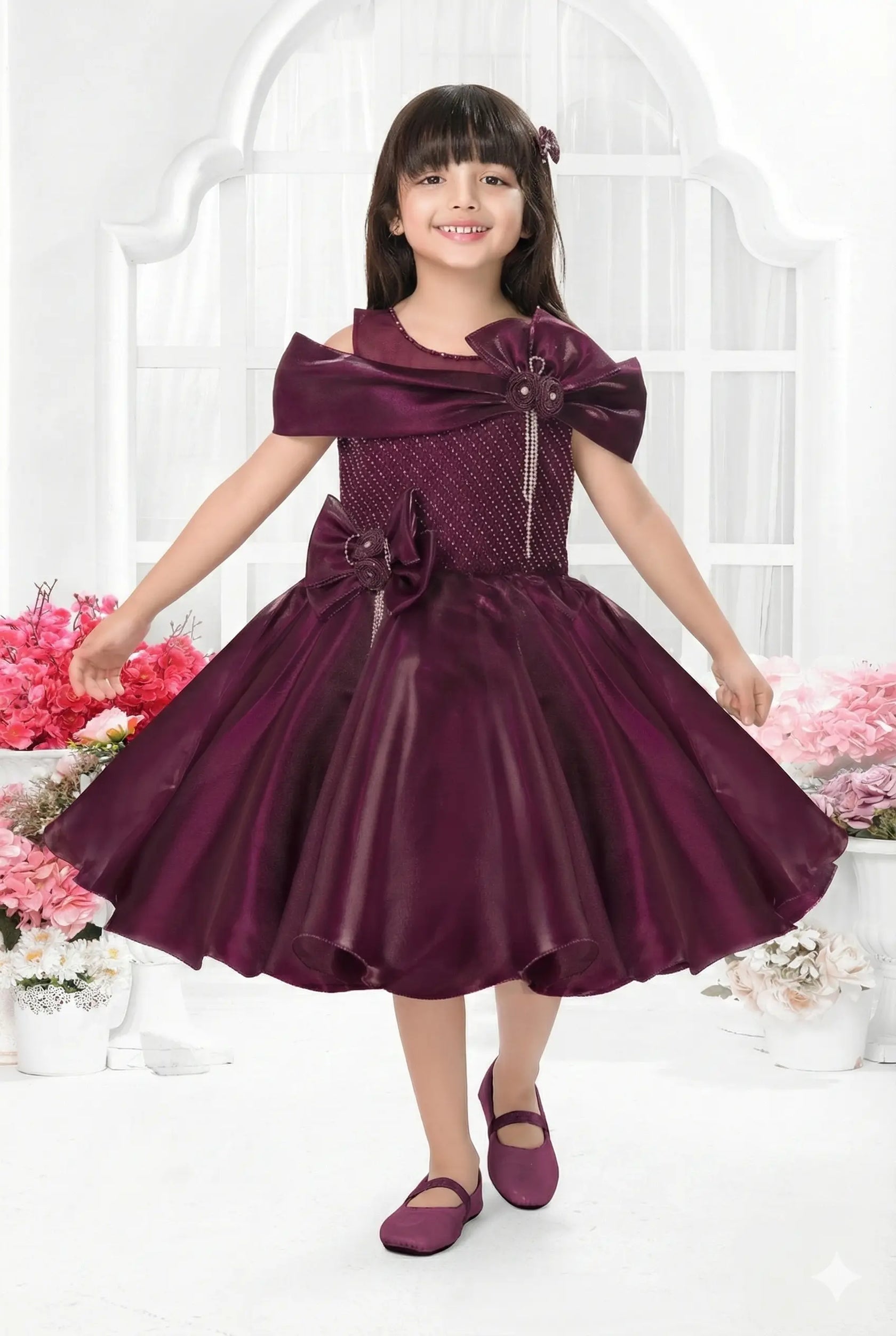 Wine Off-Shoulder Party Dress with Dramatic Bow and Rhinestone Bodice for Girls