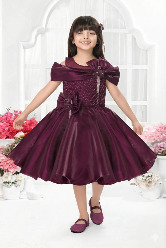 Wine Off-Shoulder Party Dress with Dramatic Bow and Rhinestone Bodice for Girls