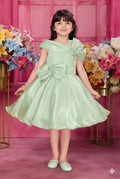 Pista Green Off-Shoulder Dress with Dramatic Bow and Rhinestone Bodice for Girls