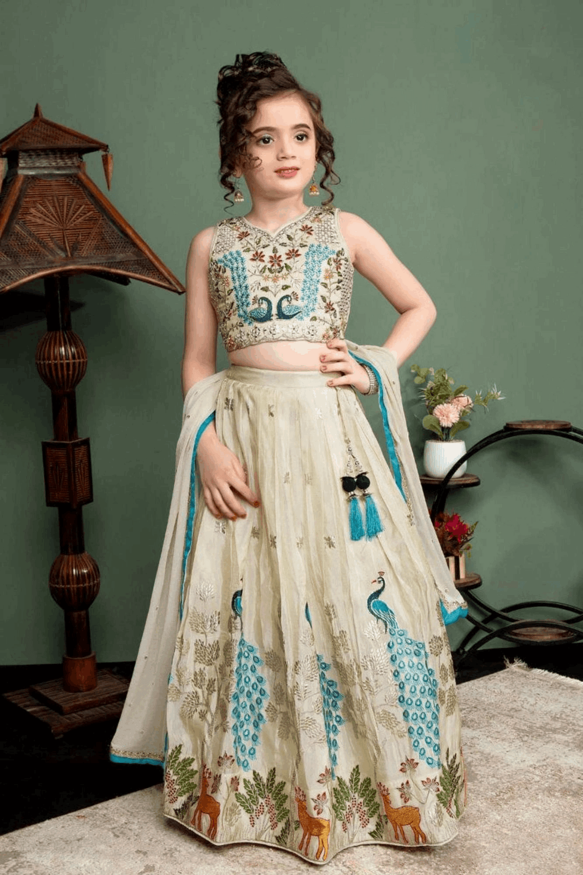 Off-White Peacock Embroidered Kids Lehenga Choli Set for Girls