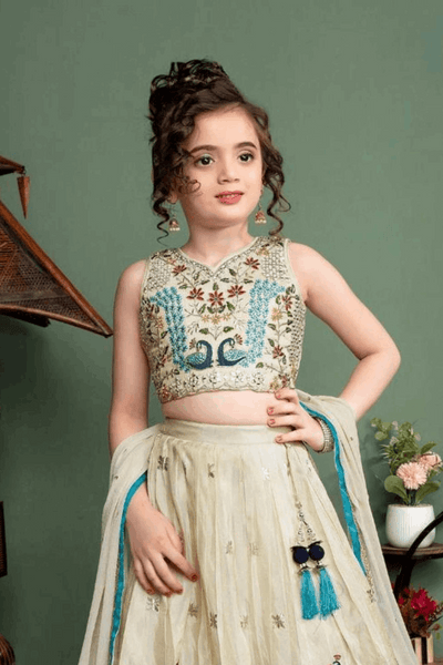 Off-White Peacock Embroidered Kids Lehenga Choli Set for Girls