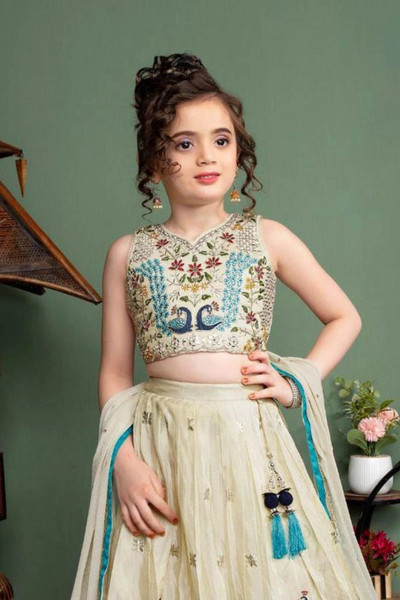 Off-White Peacock Embroidered Kids Lehenga Choli Set for Girls