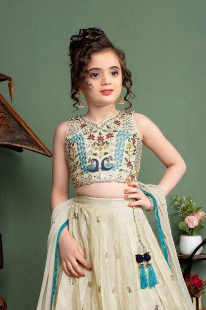 Off-White Peacock Embroidered Kids Lehenga Choli Set for Girls