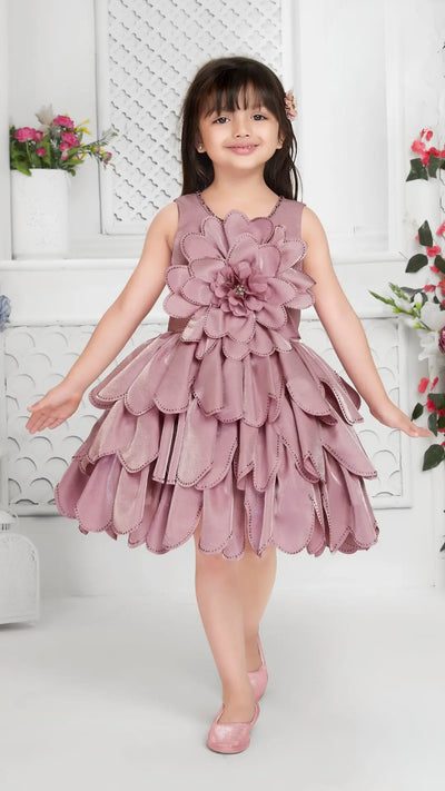 Pink Floral Petal Dress with Layered Design and Flower Accent for Girls