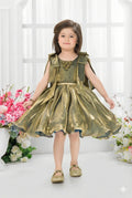 Olive Green Shimmer Dress with Shoulder Bow Straps and Pleated Skirt for Girls