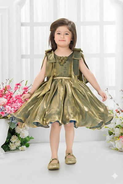 Olive Green Shimmer Dress with Shoulder Bow Straps and Pleated Skirt for Girls