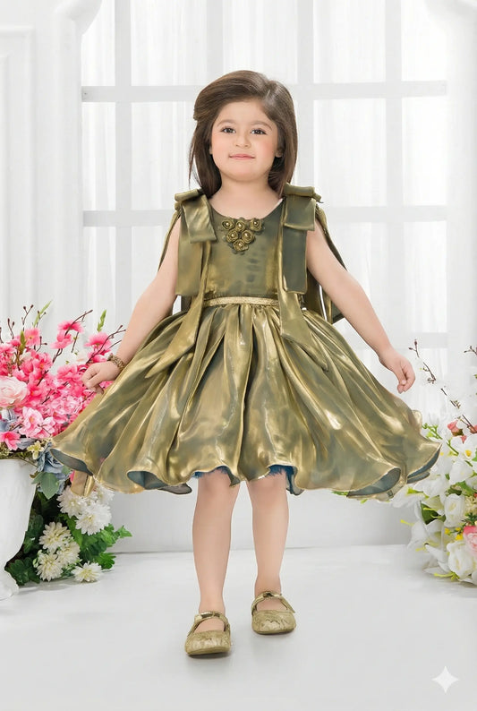 Olive Green Shimmer Dress with Shoulder Bow Straps and Pleated Skirt for Girls