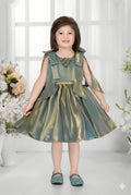 Sky Blue Shimmer Dress with Shoulder Bow Straps and Pleated Skirt for Girls