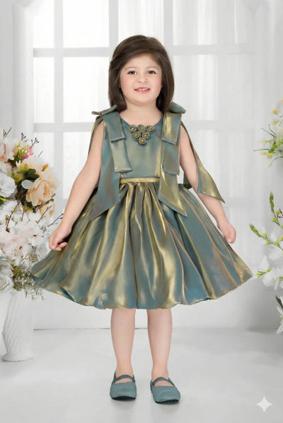 Sky Blue Shimmer Dress with Shoulder Bow Straps and Pleated Skirt for Girls