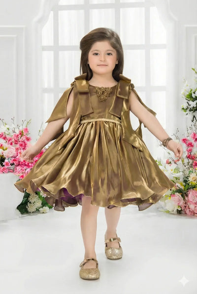 Wine Shimmer Dress with Shoulder Bow Straps and Pleated Skirt for Girls