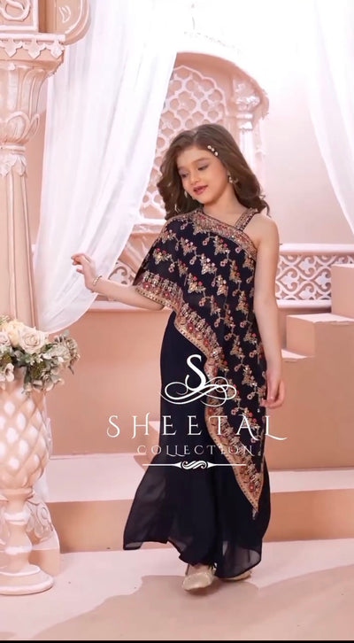 Navy Blue Cross Cut Palazzo Suit for Girls