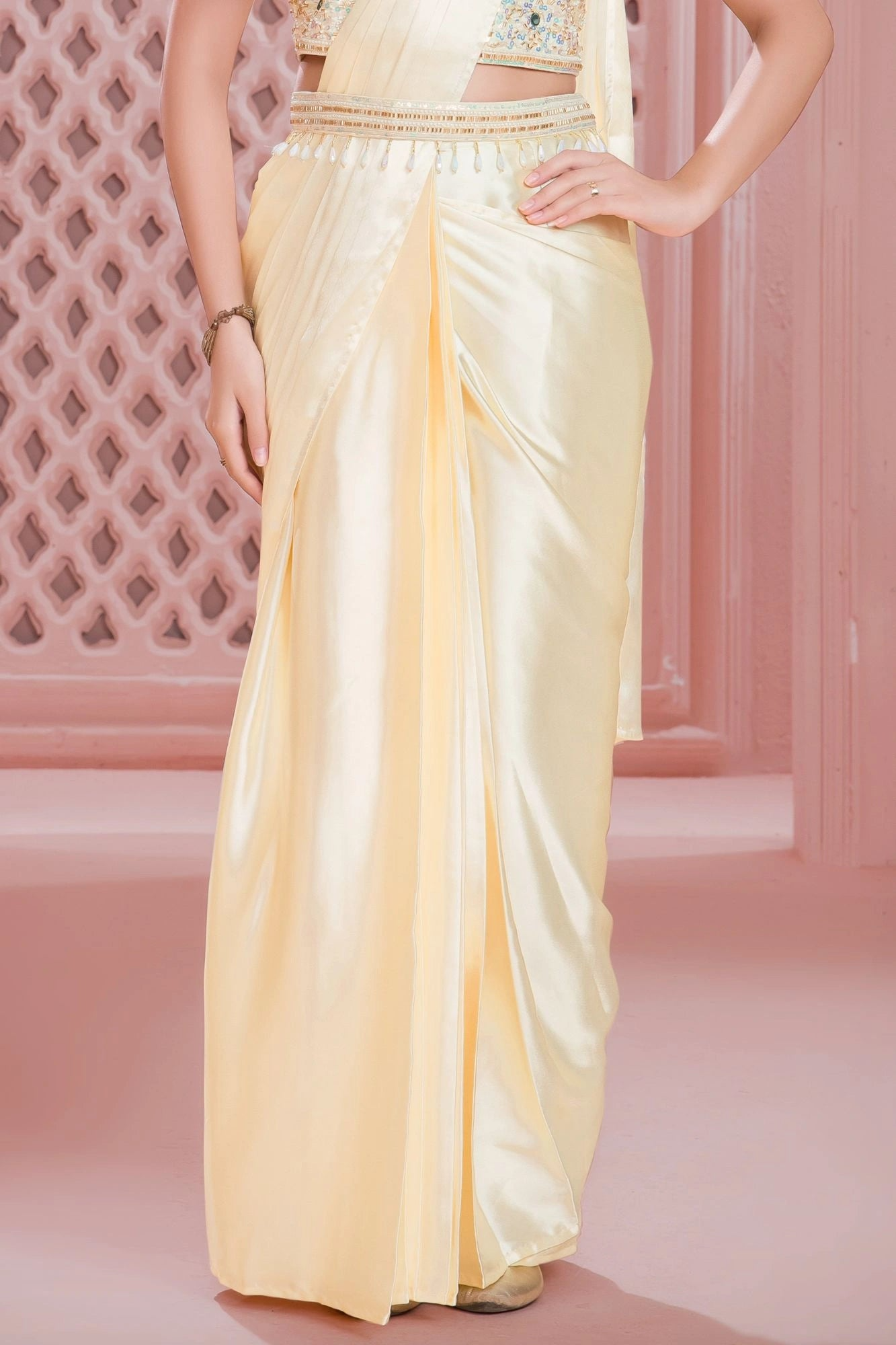 Pastel Yellow Satin Pre-Draped Saree Style Lehenga with Stone Embroidery