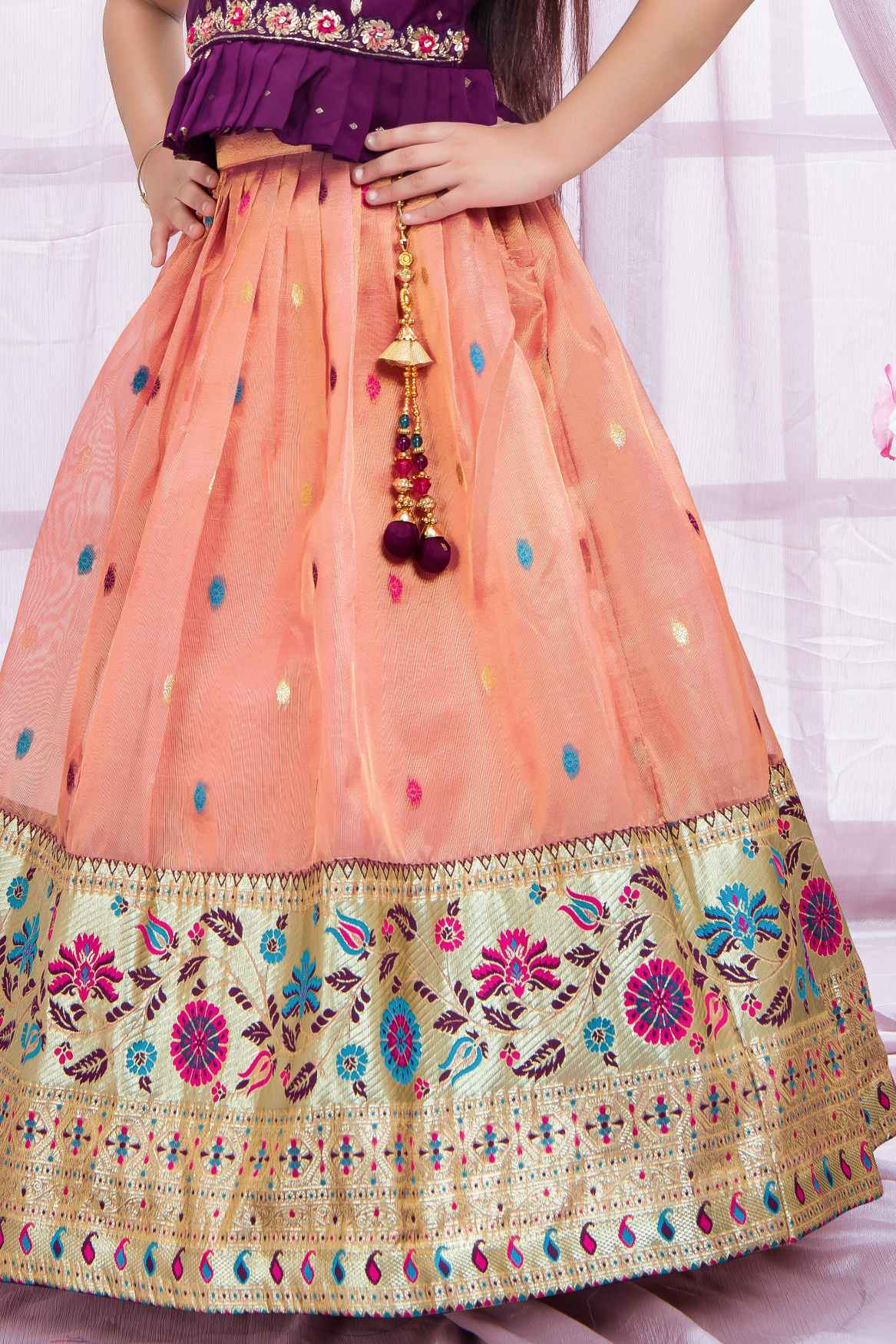 Wine Purple & Peach Kids Lehenga Choli with Golden Embroidery
