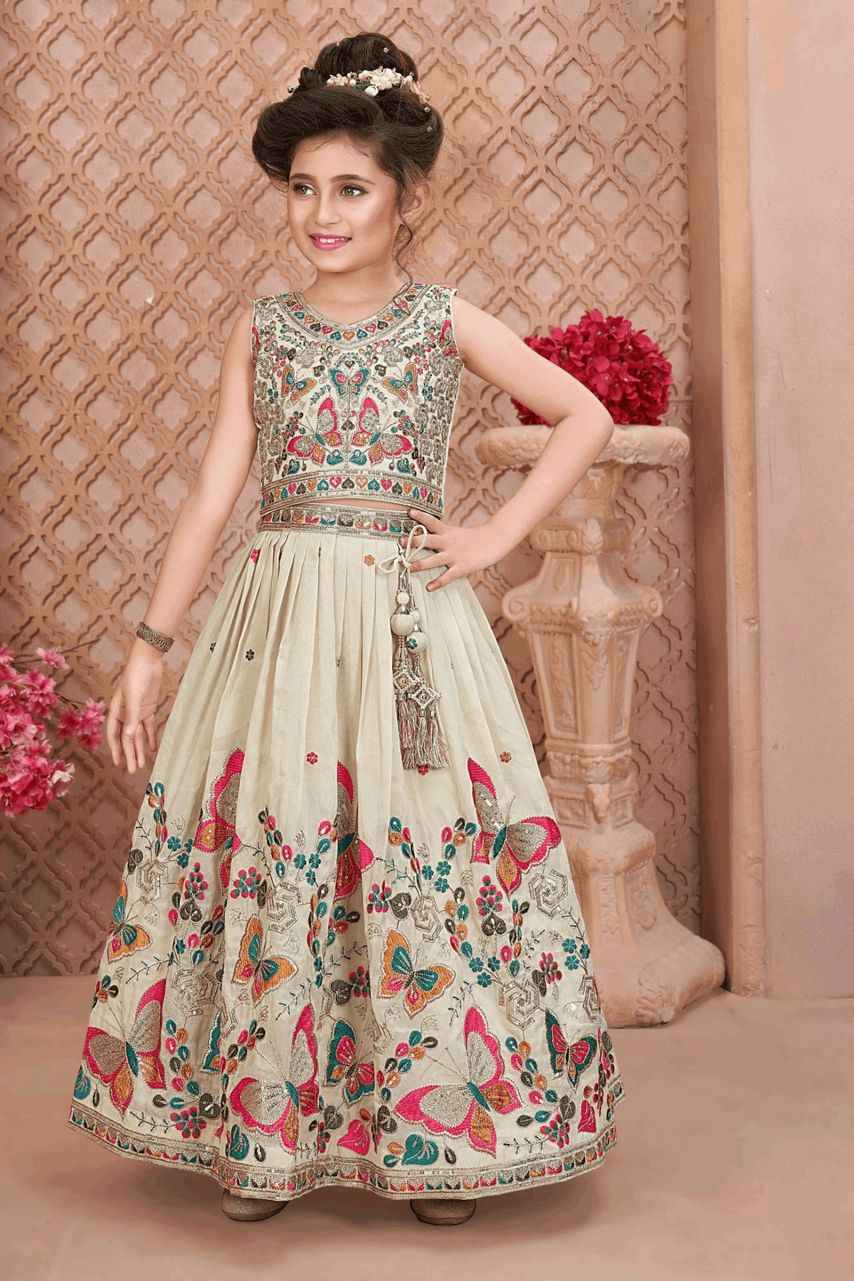 Cream Off-White Butterfly Embroidered Kids Lehenga Choli Se