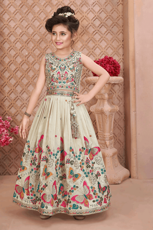 Cream Off-White Butterfly Embroidered Kids Lehenga Choli Se