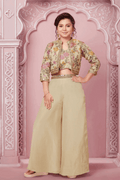 Cream Beige Floral Embroidered Jacket Palazzo Set for Girls