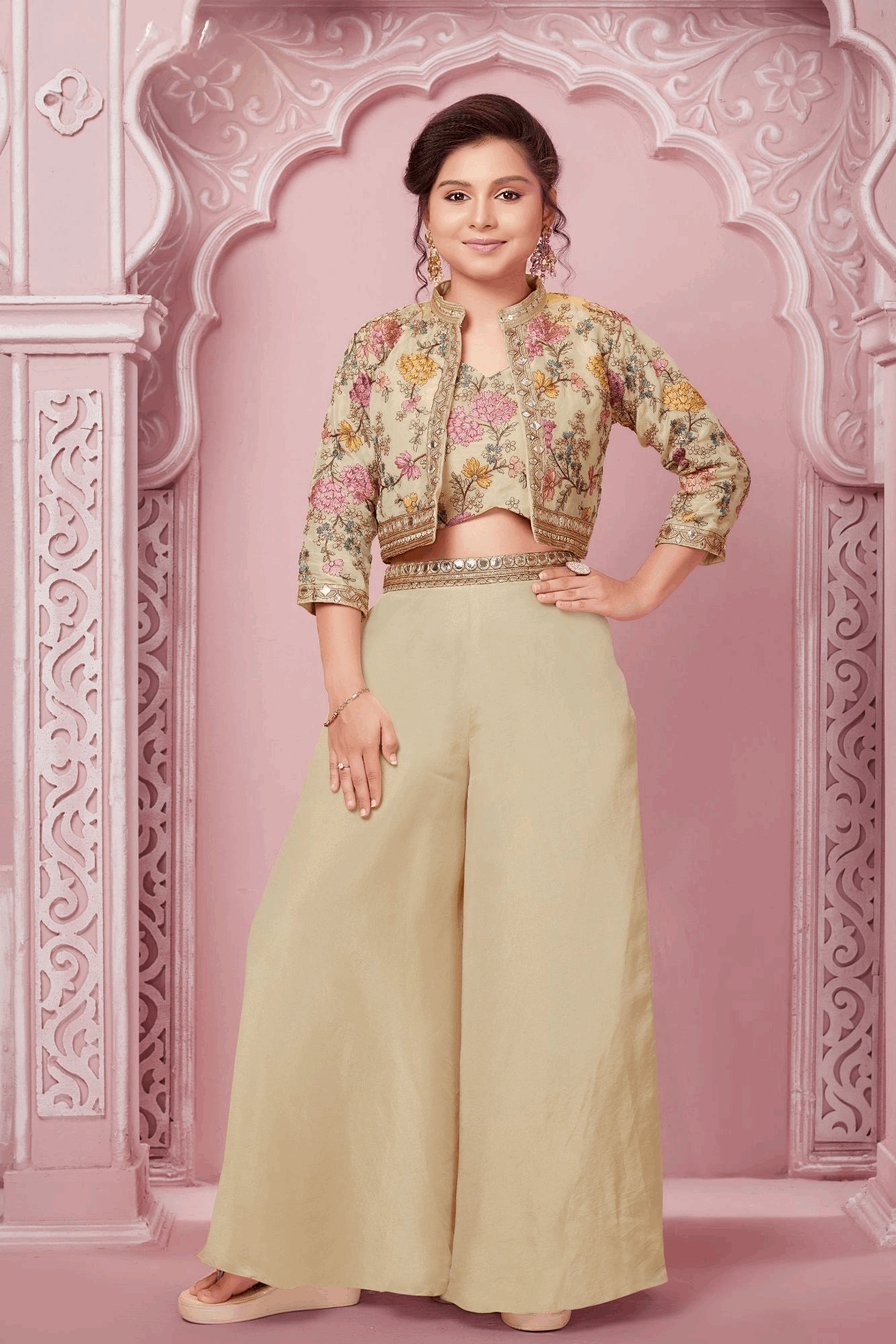 Cream Beige Floral Embroidered Jacket Palazzo Set for Girls