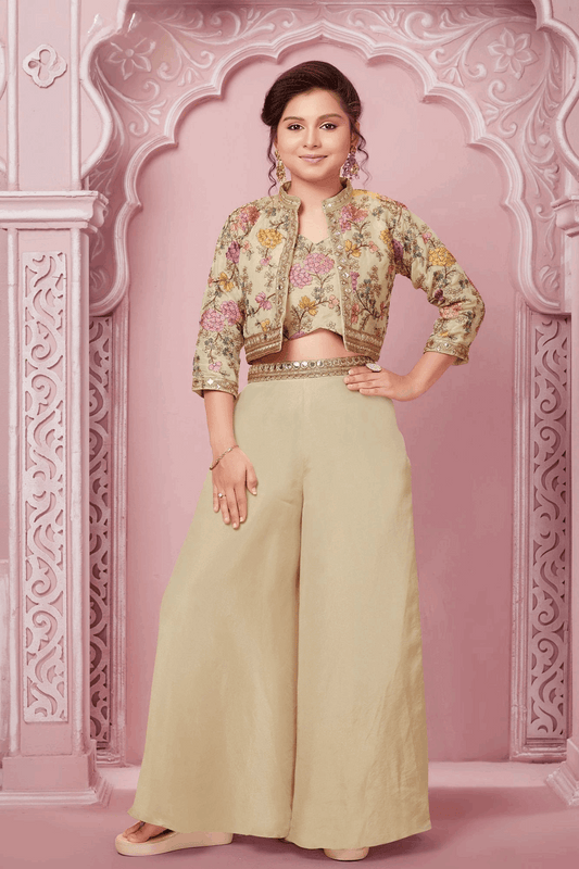 Cream Beige Floral Embroidered Jacket Palazzo Set for Girls