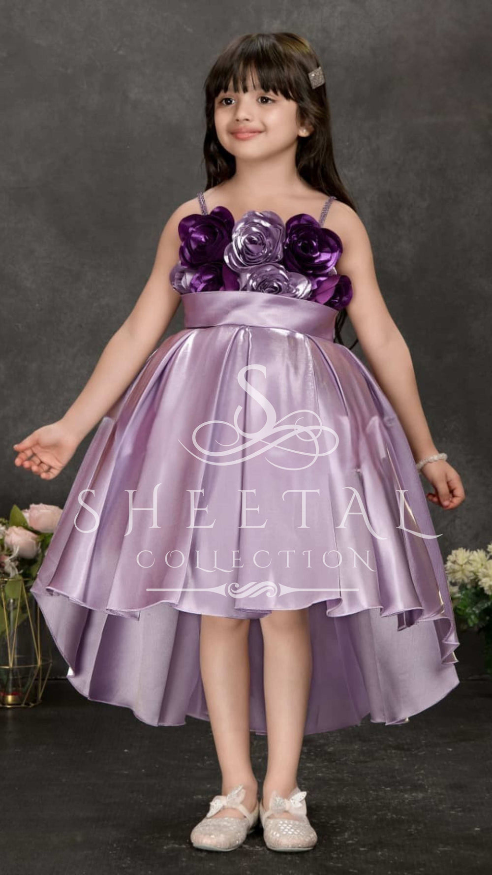 Lavender Satin High-Low Party Dress with 3D Floral Bodice – Girls Exclusive by Sheetal collection