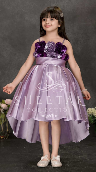 Lavender Satin High-Low Party Dress with 3D Floral Bodice – Girls Exclusive by Sheetal collection