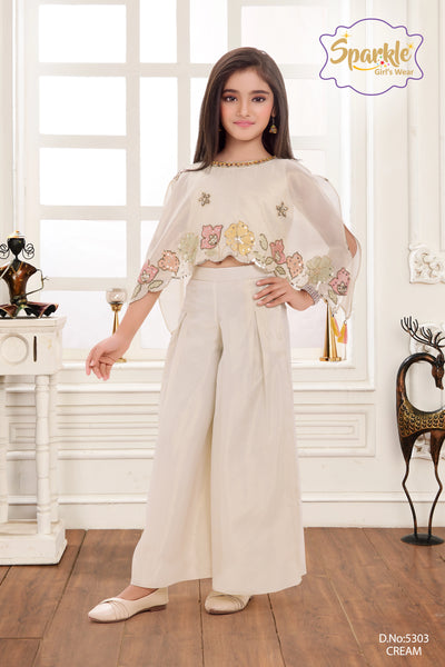 Girls Floral Embroidered Cape Top Palazzo Set