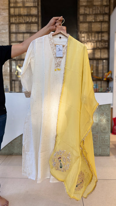 Ivory Mul Chanderi Suit with Yellow Dupatta