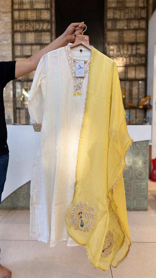 Ivory Mul Chanderi Suit with Yellow Dupatta