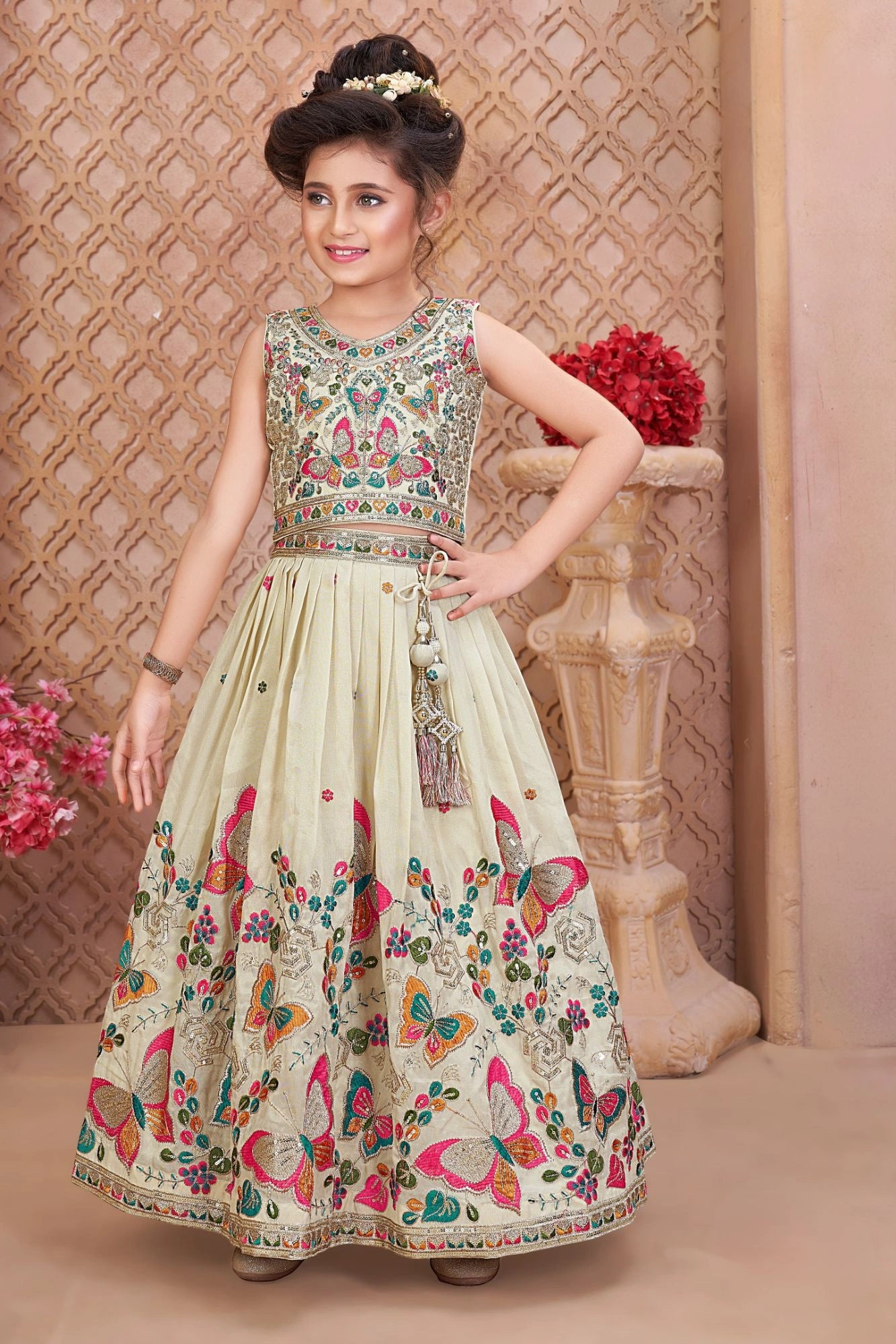 Cream Off-White Butterfly Embroidered Kids Lehenga Choli Se