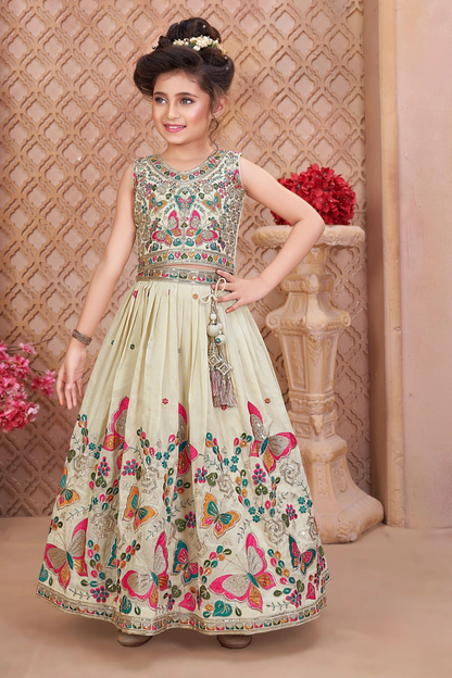 Cream Off-White Butterfly Embroidered Kids Lehenga Choli Se