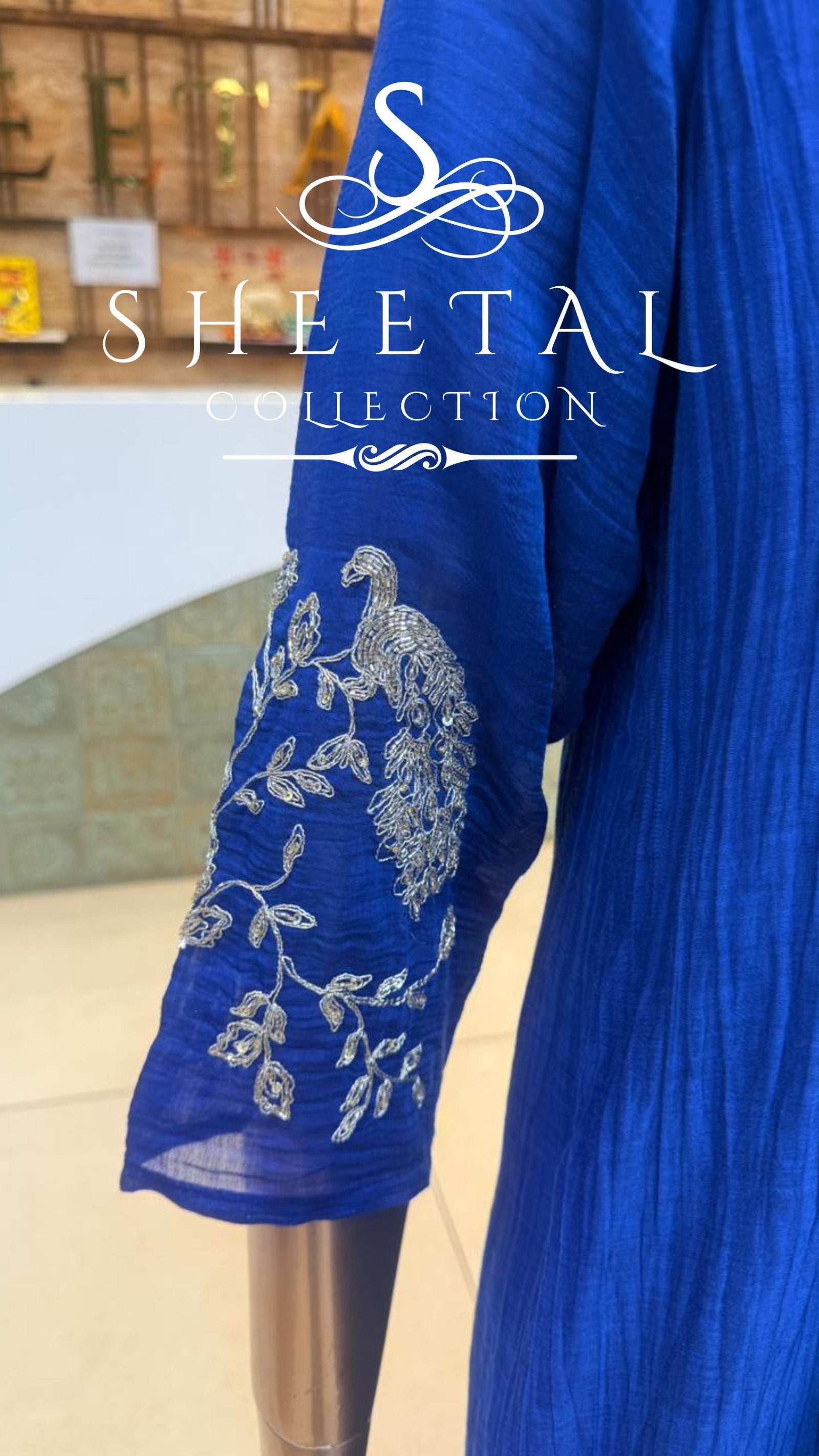 Royal Blue Mul chanderi Embroidered Kurta Set