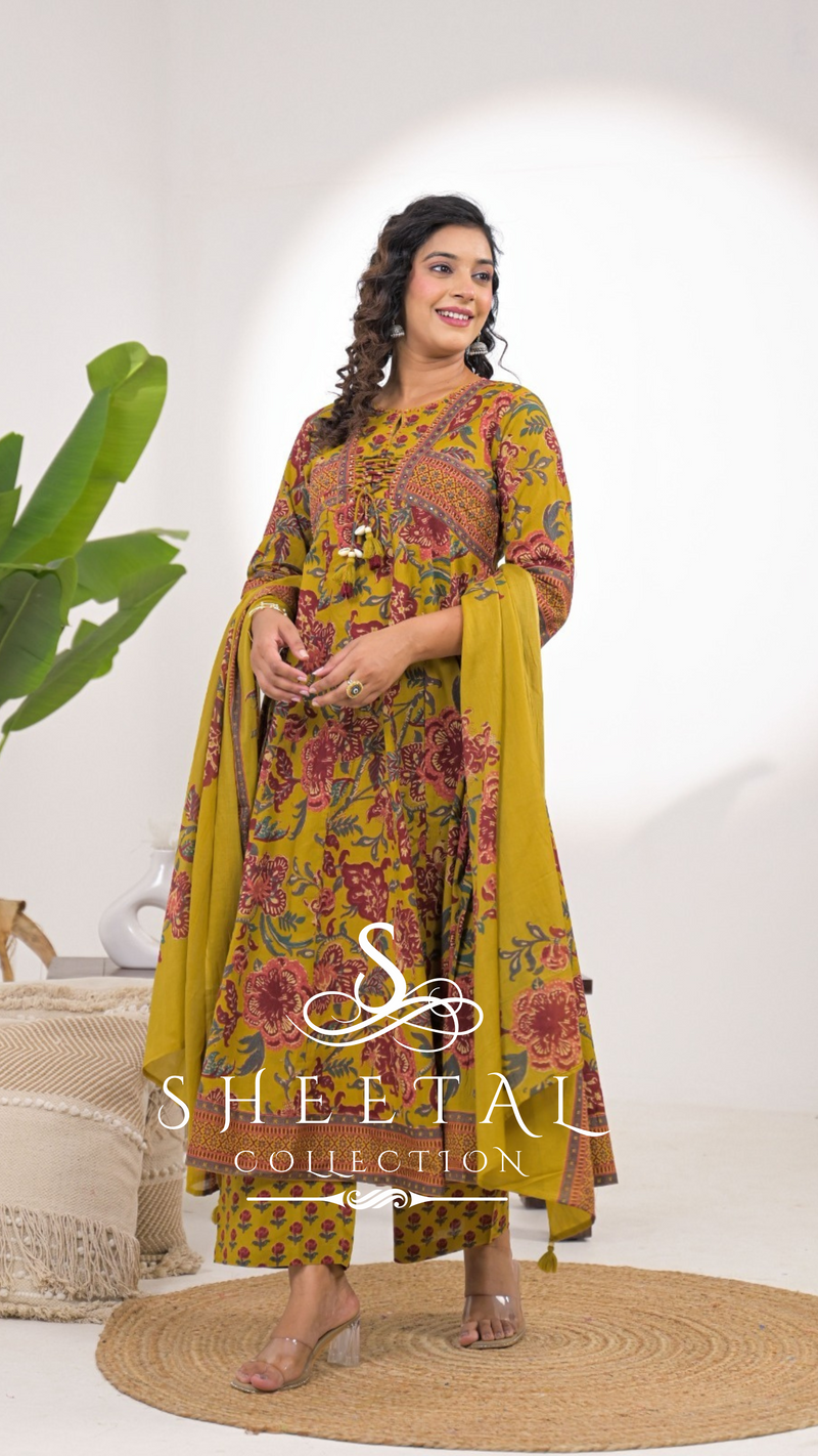 Mustard Floral Cotton 3-Piece Suit Set