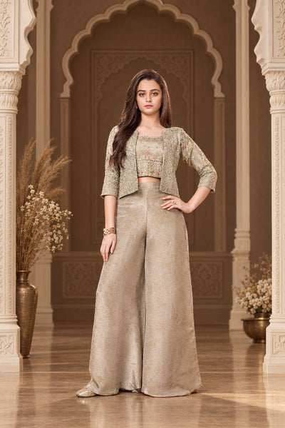 Girls Embroidered Jacket Crop Top & Palazzo Set