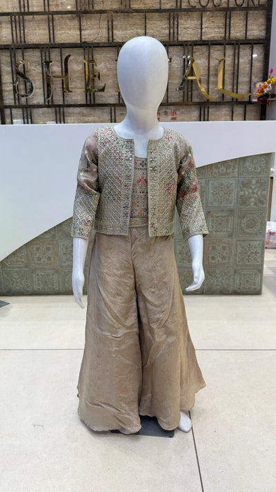 Girls Embroidered Jacket Crop Top & Palazzo Set