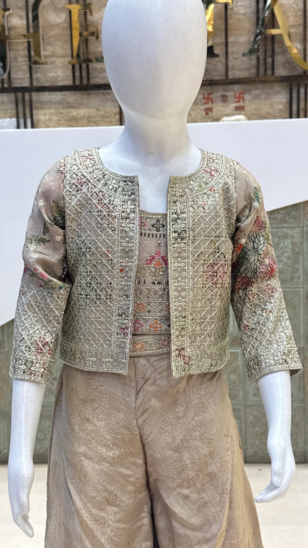 Girls Embroidered Jacket Crop Top & Palazzo Set