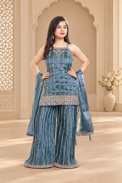 Girls Embroidered Sharara Suit Set with Dupatta
