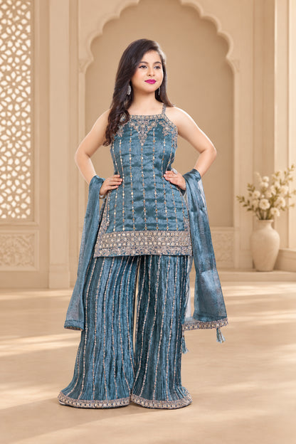 Girls Embroidered Sharara Suit Set with Dupatta