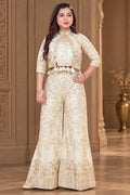 Girls Cream Embroidered Palazzo Set with Crop Jacket