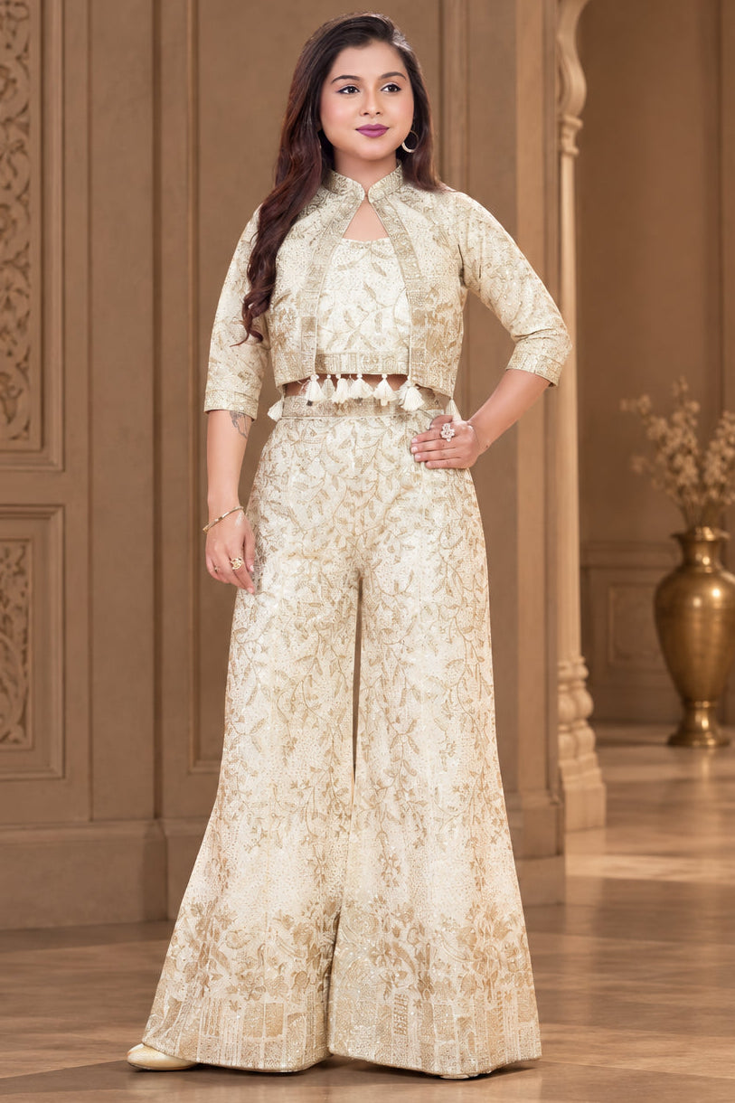 Girls Cream Embroidered Palazzo Set with Crop Jacket