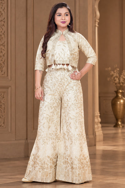Girls Cream Embroidered Palazzo Set with Crop Jacket