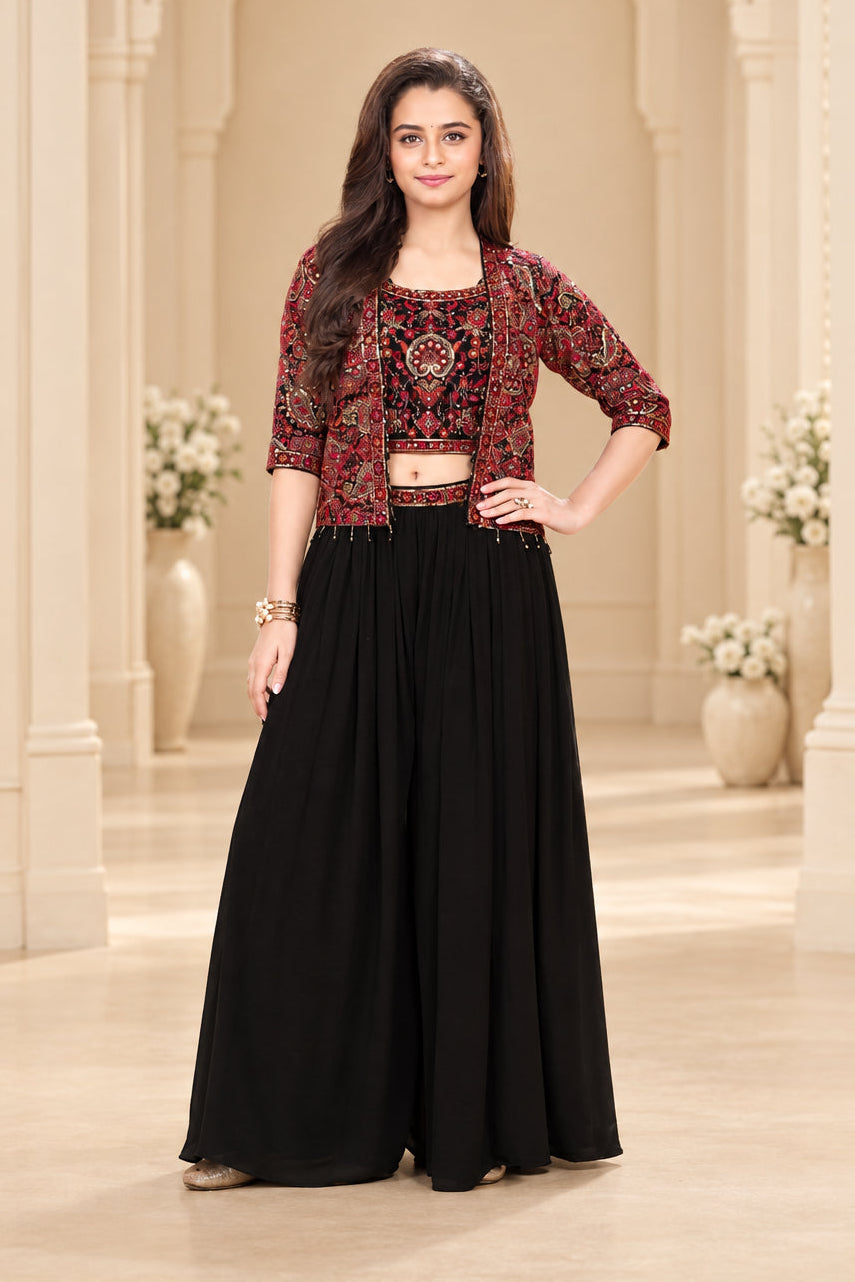 Girls Black Embroidered Palazzo Set with Printed Jacket