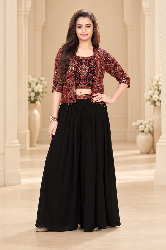 Girls Black Embroidered Palazzo Set with Printed Jacket