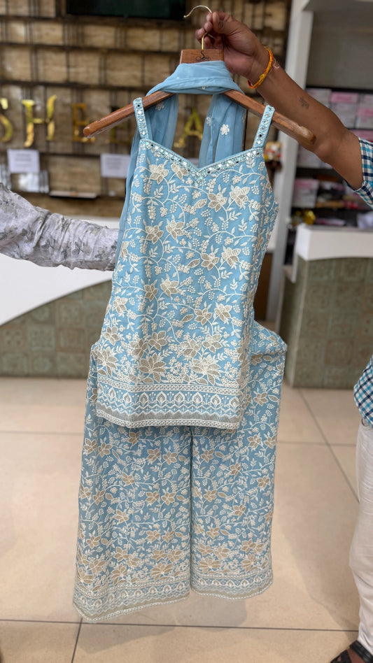 Girls Floral Printed Sleeveless Kurti Palazzo Set with Dupatta